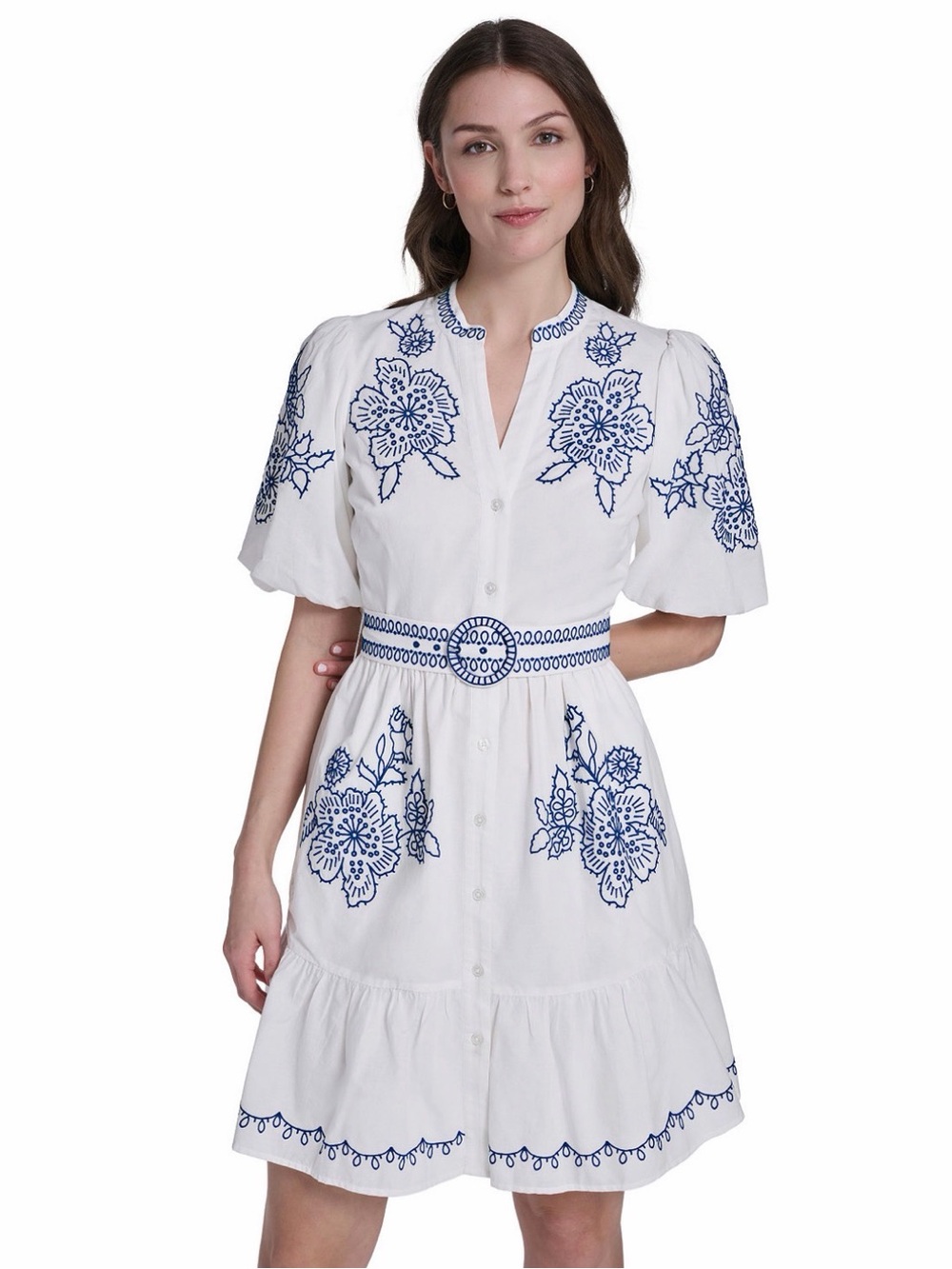 Eliza J White Dress with Blue Floral Embroidery